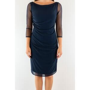 Sara Campbell Ruched Drapey Mesh Sleeve Lined Sheer Overlay Shift Dress Blue 4